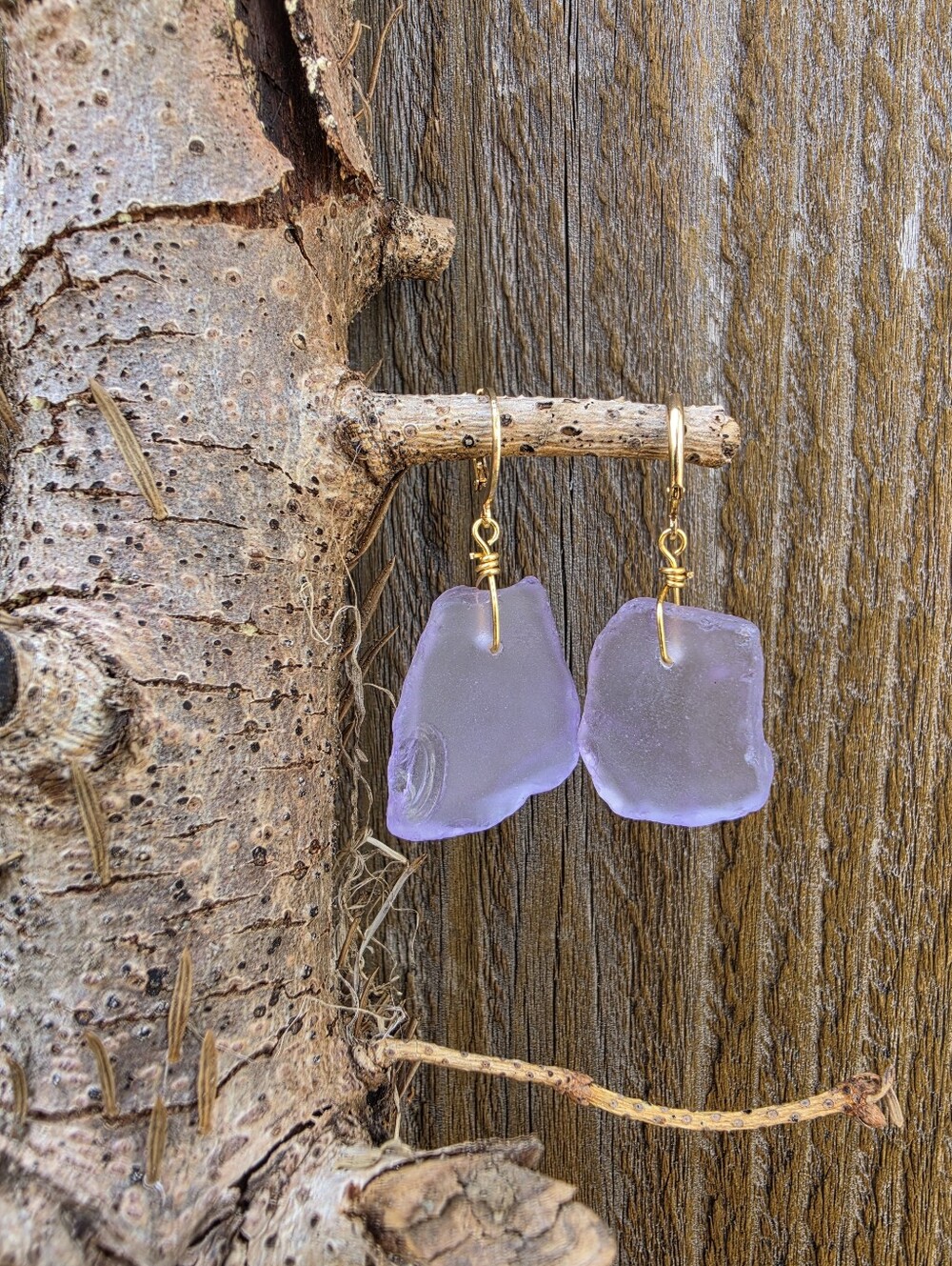 18k Gold Plated Lavender Sea Glass Drop Earrings Stainless Steel